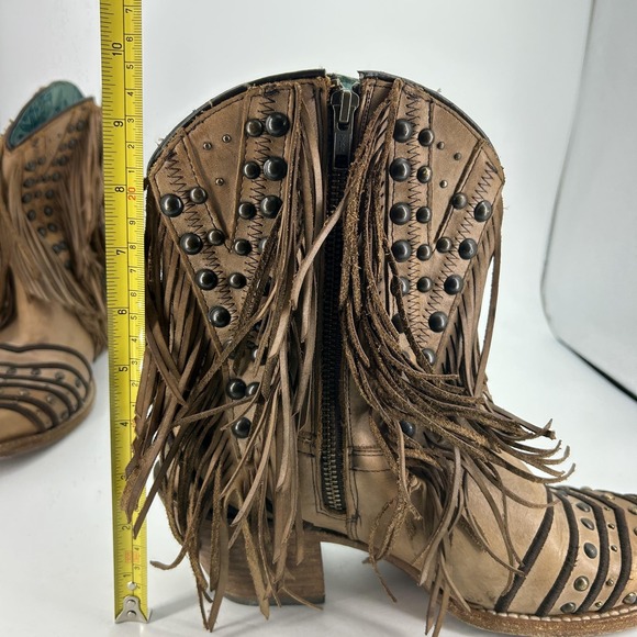 Corral Boots Womens Size 10 Tan Fringe Studded Western Cowgirl Zip Boho Ankle - Picture 16 of 16